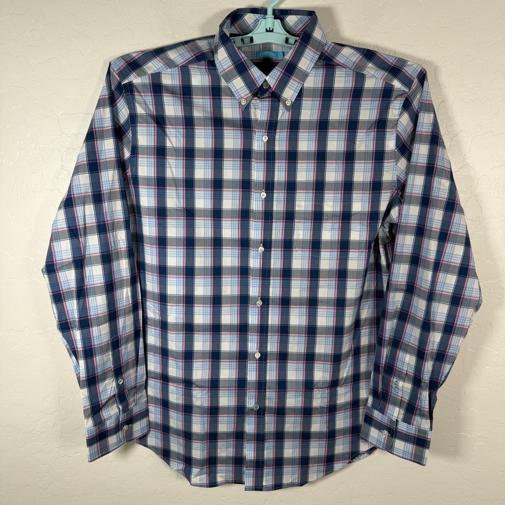 J Mclaughlin Shirt Mens Large Blue Button Down Performance Preppy Plaid‎